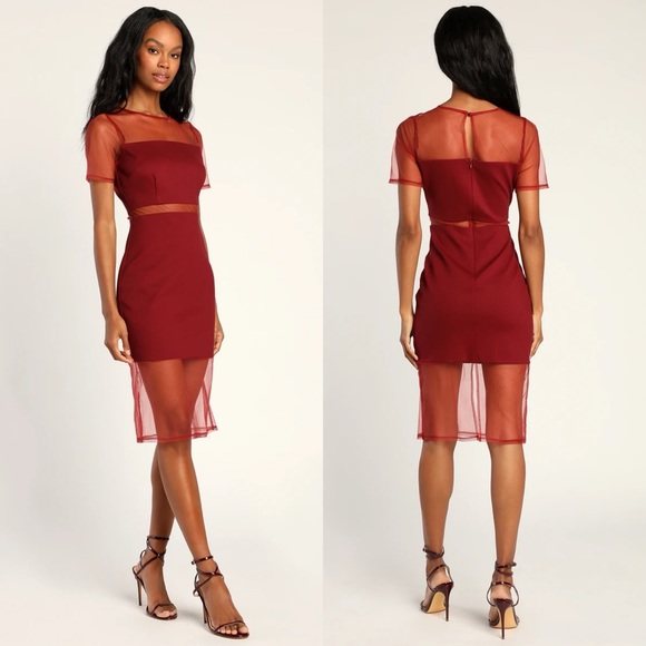 LULUS Burgundy Mesh Short Sleeve Bodycon Dress - Picture 1 of 4